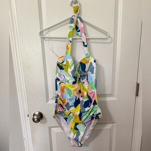 BCBG MAXAZRIA halter one piece multi color floral tummy control‎ swimsuit large